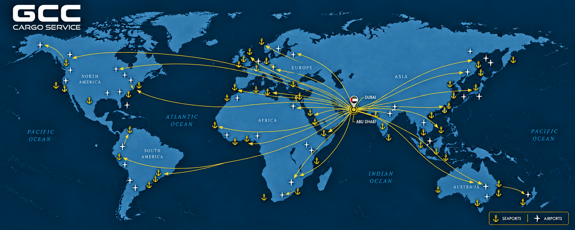 GCC Cargo shipping connections from Dubai and Abu Dhabi to global seaports and airports