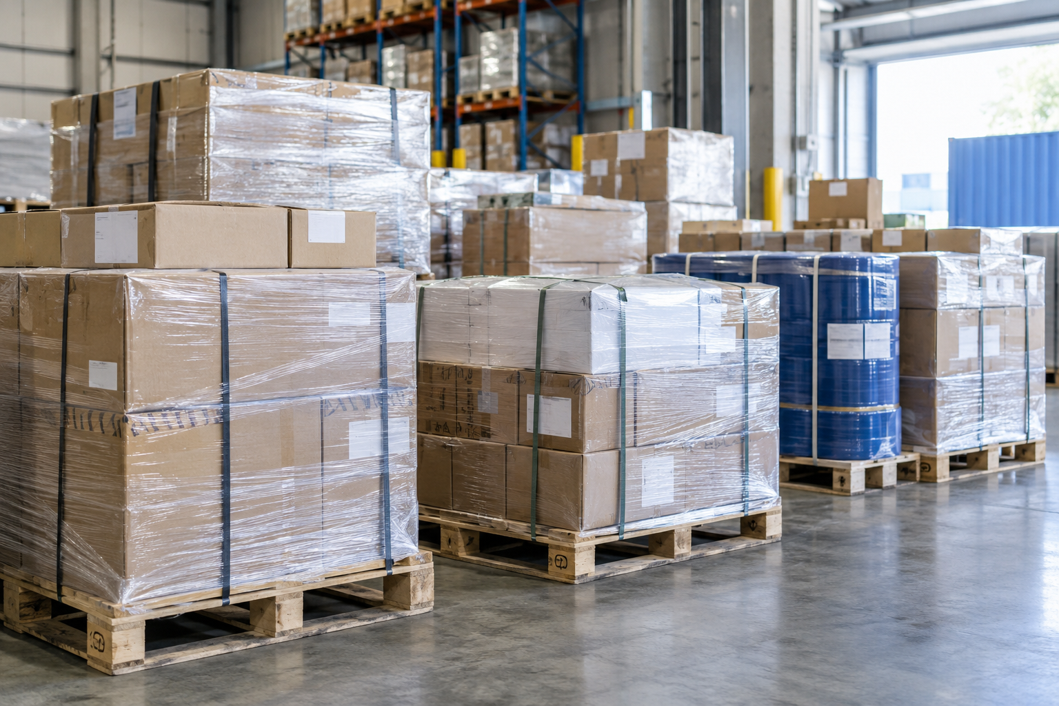Palletized shipments prepared for freight consolidation