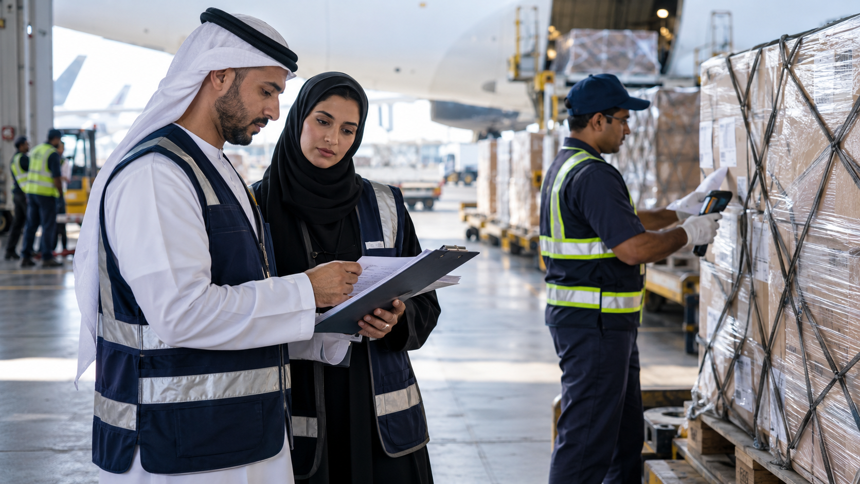 Customs specialists reviewing documentation and inspecting air cargo