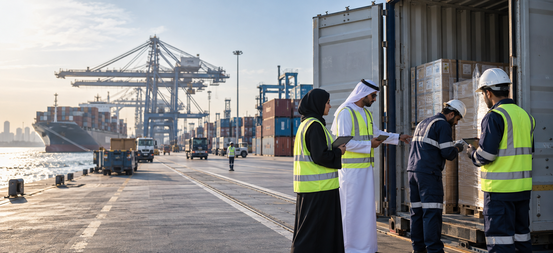 Customs clearance team inspecting commercial cargo at a UAE seaport