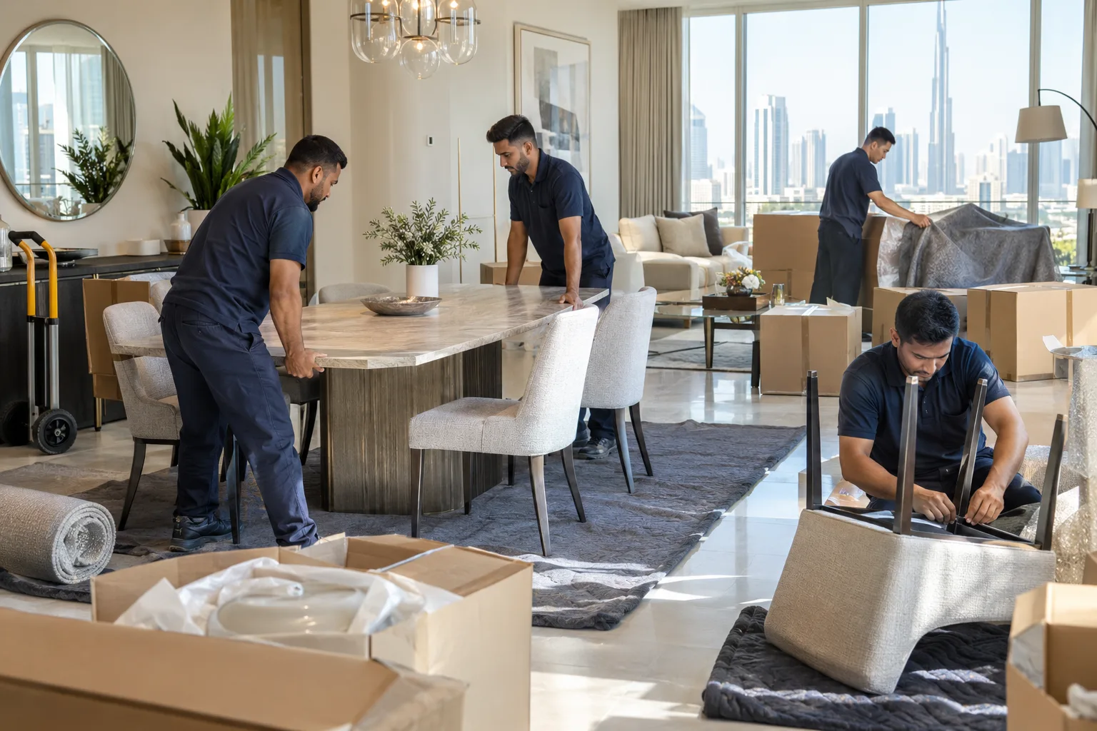 Professional movers unpacking and assembling furniture at a new Dubai home