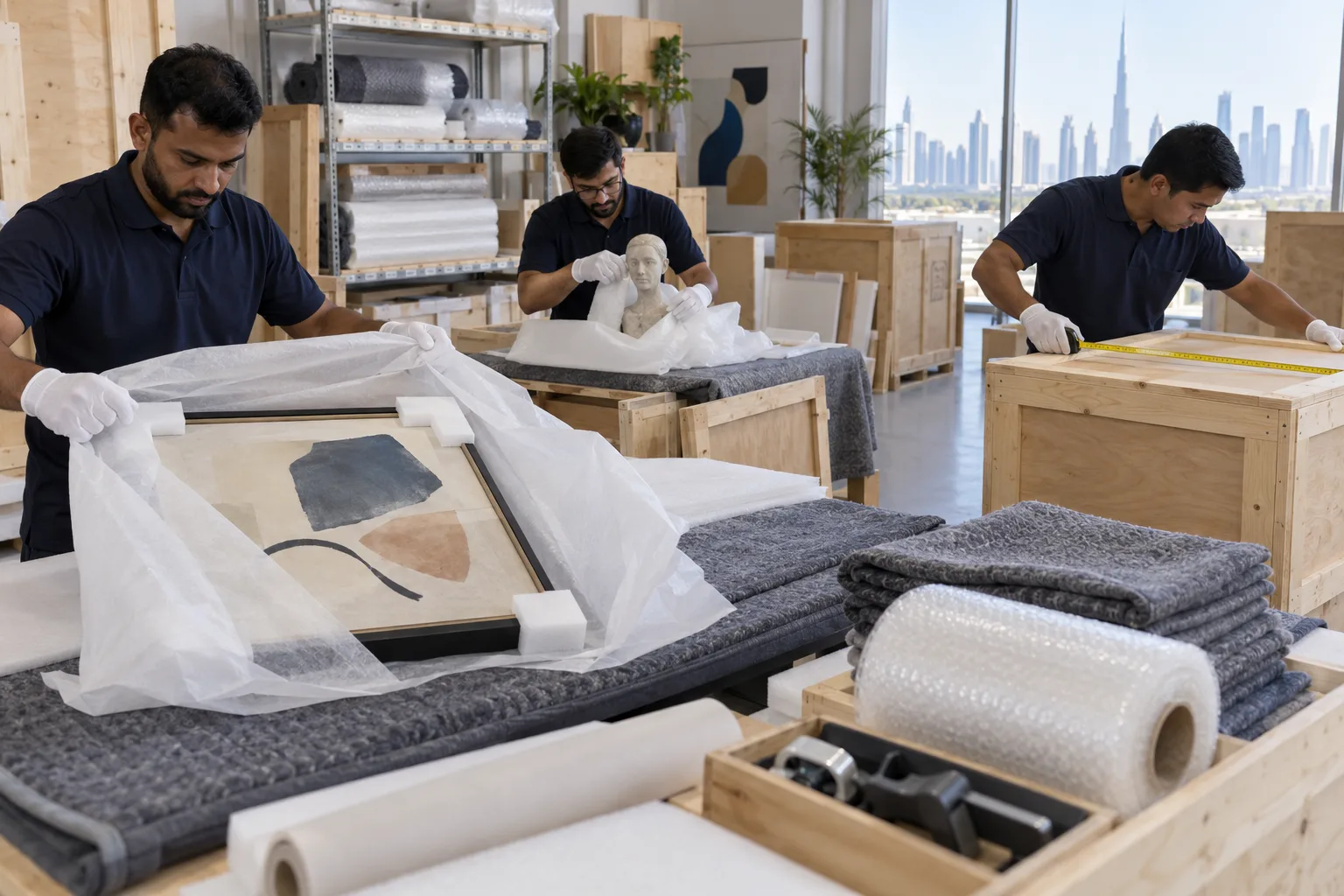Specialists packing artwork and fragile objects in tailored wooden crates