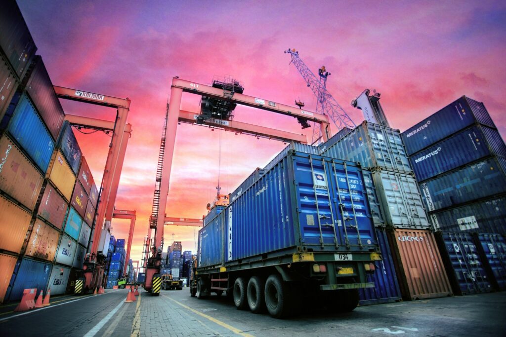 Shipping containers stacked at an international cargo terminal