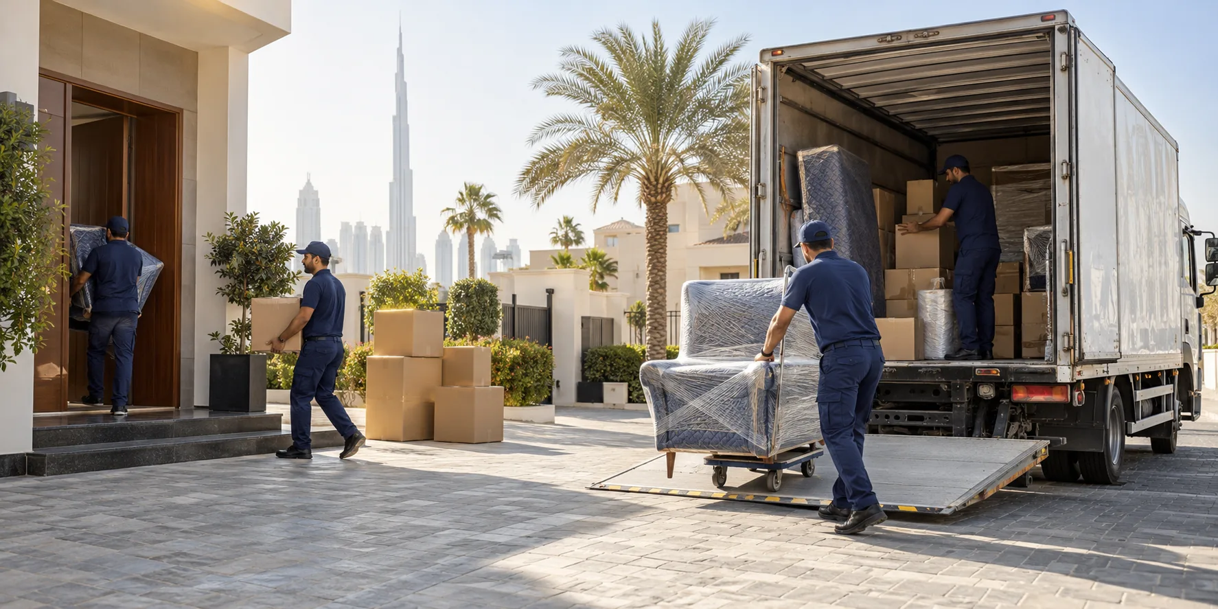 Professional movers loading protected household furniture at a Dubai villa