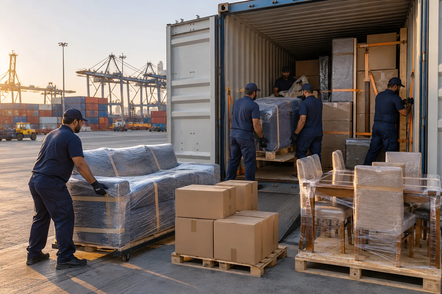 Protected household furniture secured inside a container for international relocation