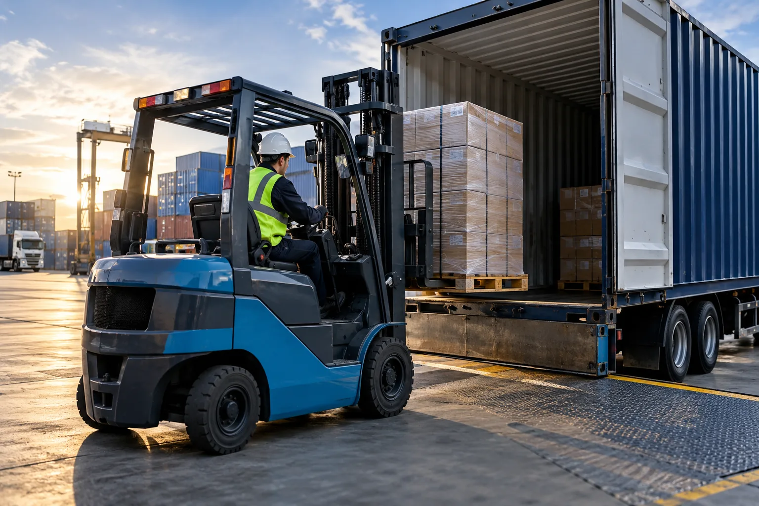 Forklift loading consolidated freight into a container