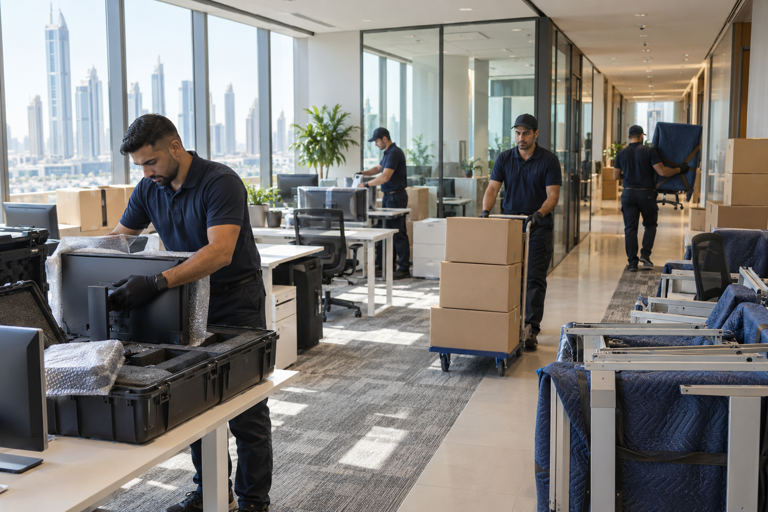 Professional team relocating office equipment in Dubai