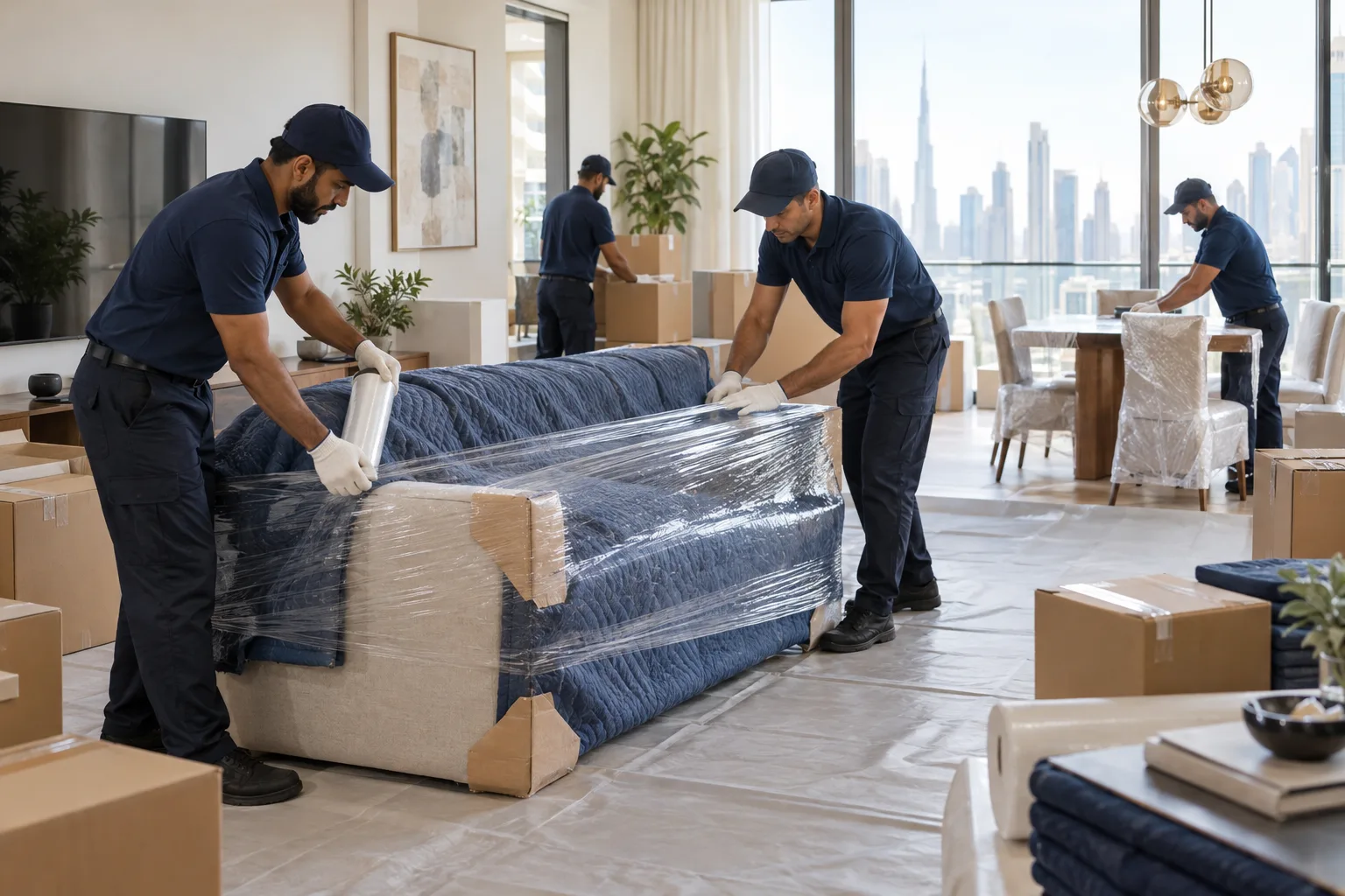 Professional movers wrapping furniture with protective blankets and stretch film in Dubai
