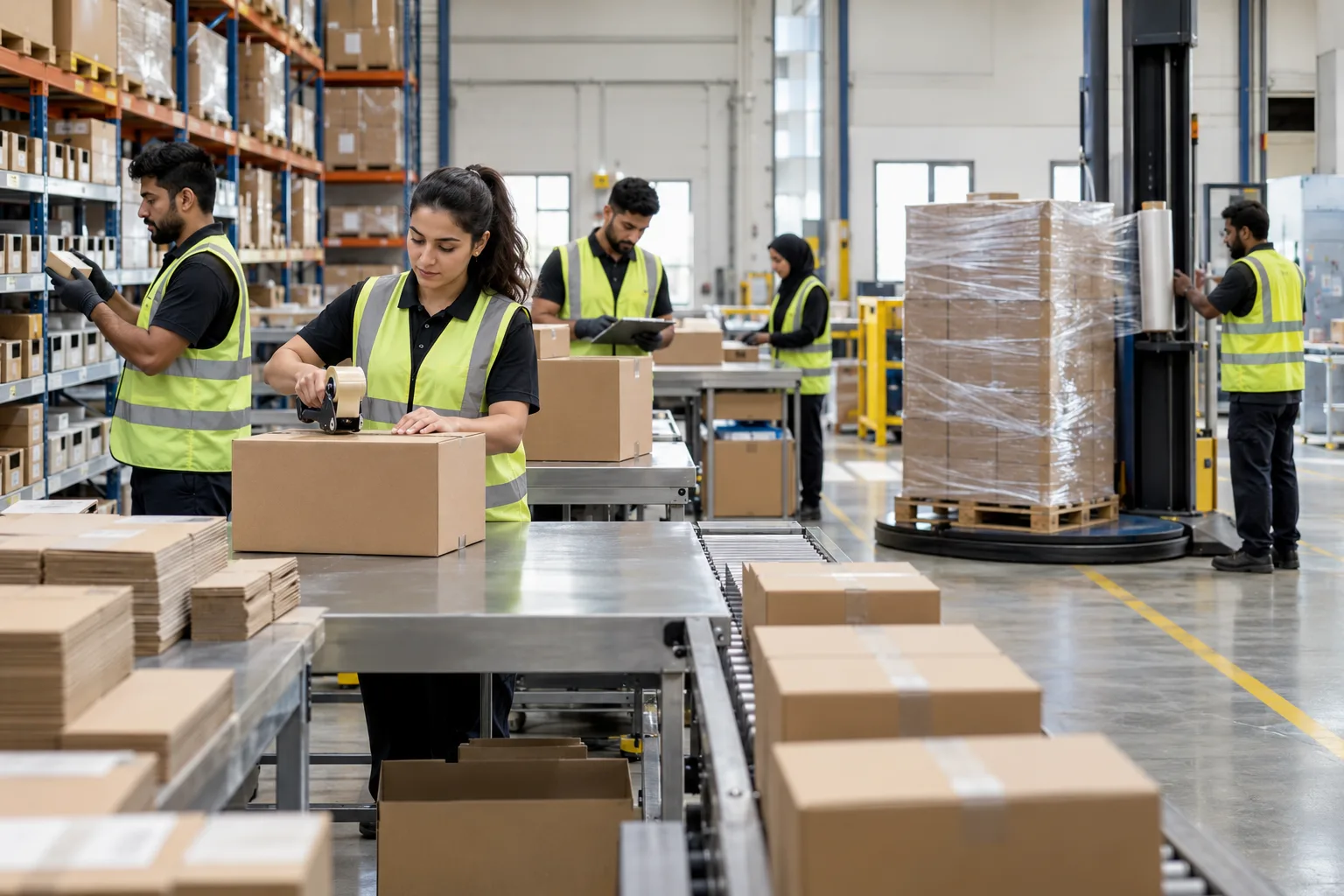 Warehouse team picking, packing and wrapping orders for dispatch