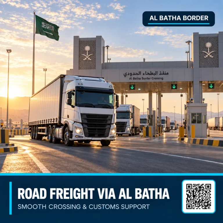 Road freight trucks crossing Al Batha border