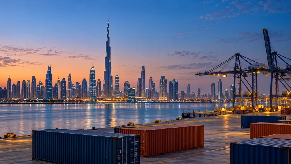 Dubai skyline and container terminal at blue hour