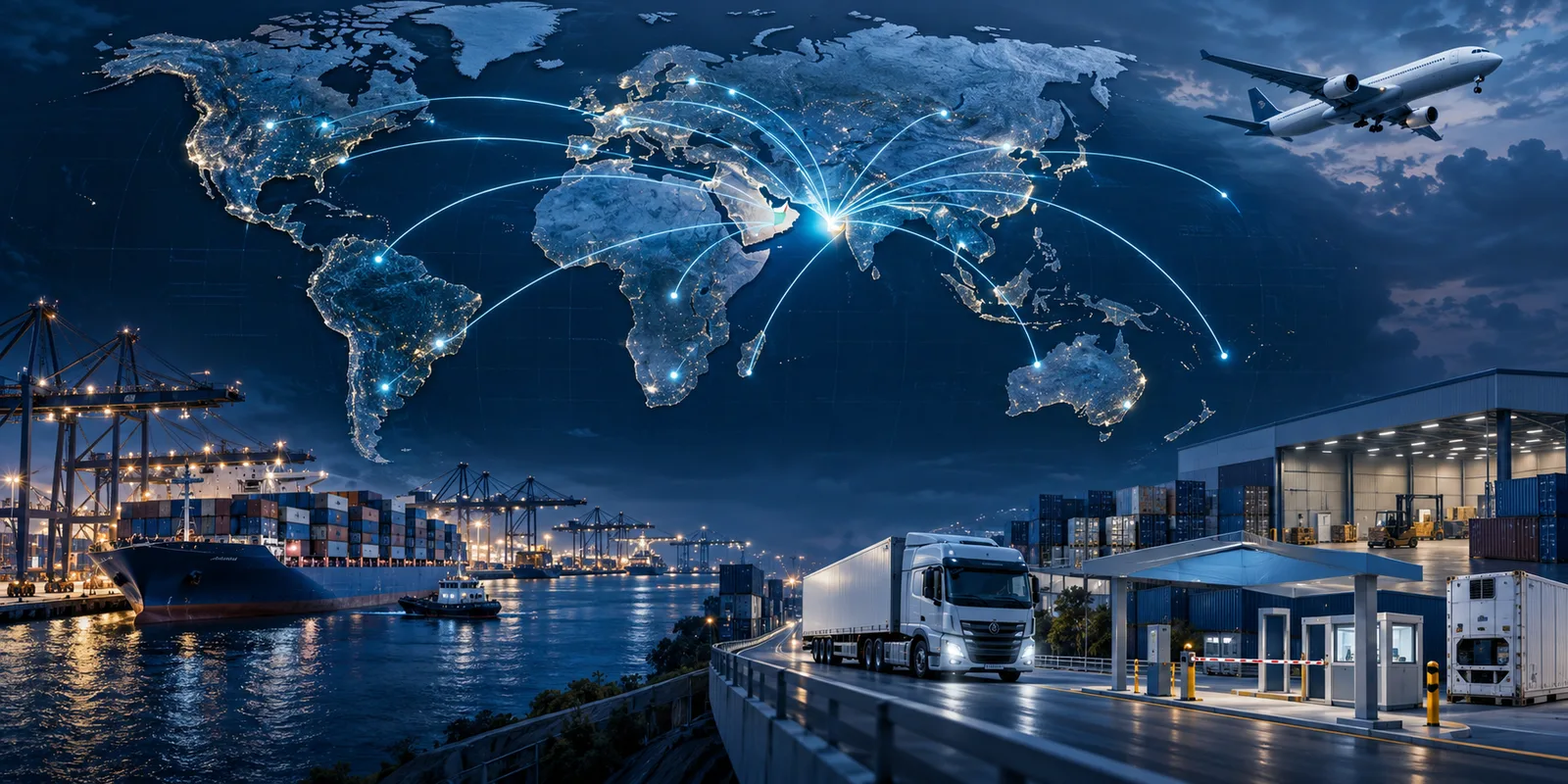 Global freight network map showing air, sea and road shipping routes from the UAE